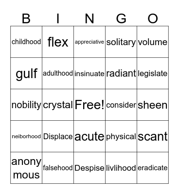 Lesson 4 Bingo Card