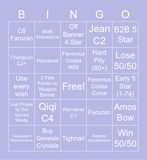 Wanderer Bingo Card