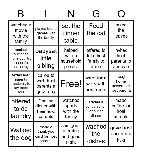 Exchange Student Bingo Card