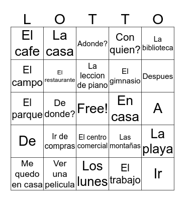 Realidades 1 Cap.4A Bingo Card