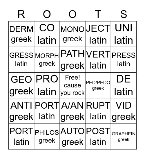 greek and latin roots Bingo Card