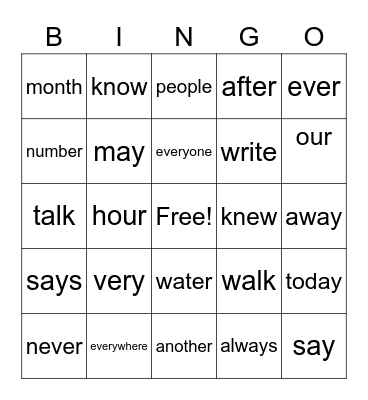 Sight Words Bingo Card