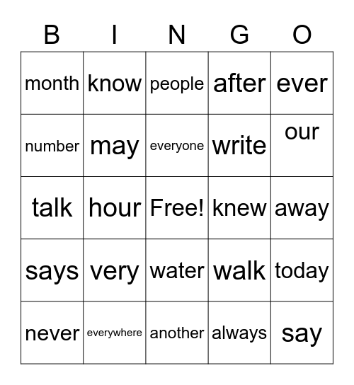 Sight Words Bingo Card