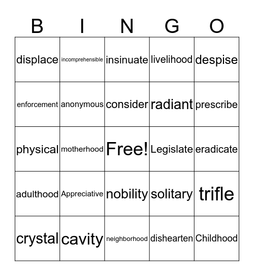 Lesson 4 Bingo Card