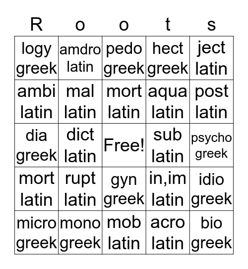latin and greek roots Bingo Card