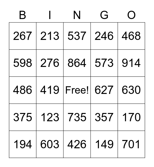 3 Digit Bingo Card