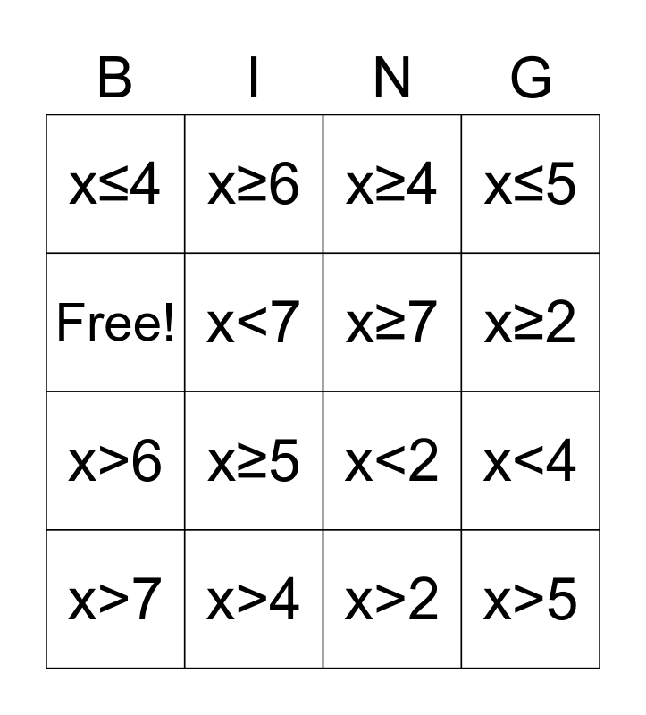 Inequality Bingo Card