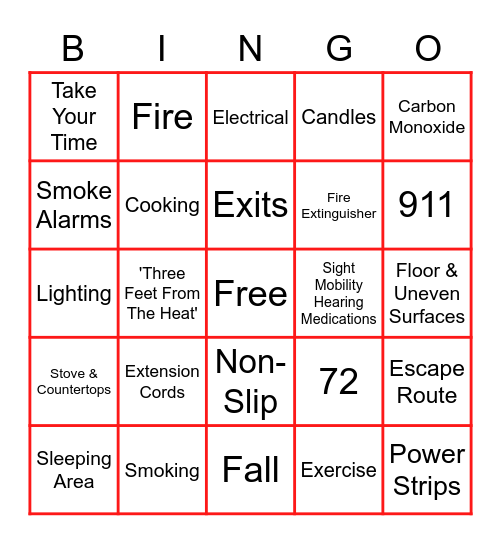 Fire & Fall Prevention Bingo Card