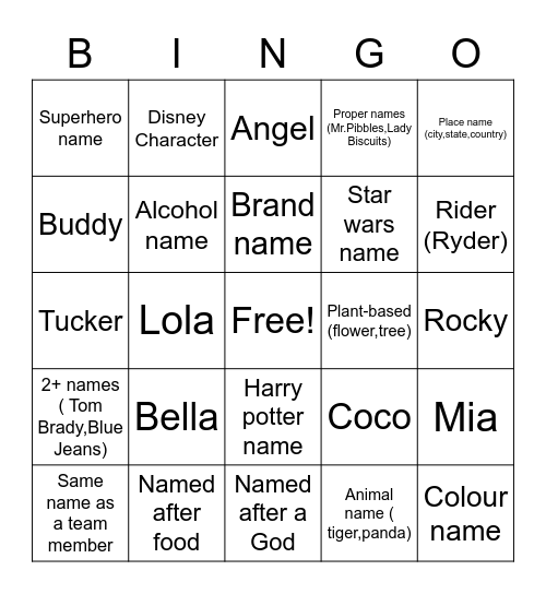 Pet names Bingo Card