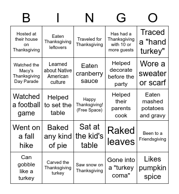 Thanksgiving Bingo! Bingo Card