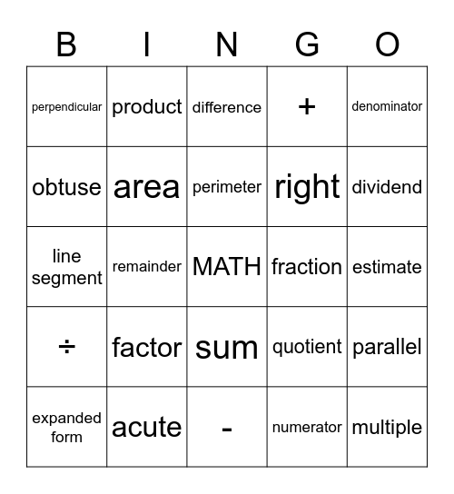 Math Vocabulary Bingo Card