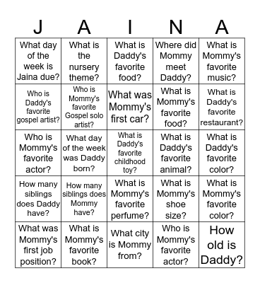 Jaina Bingo Card