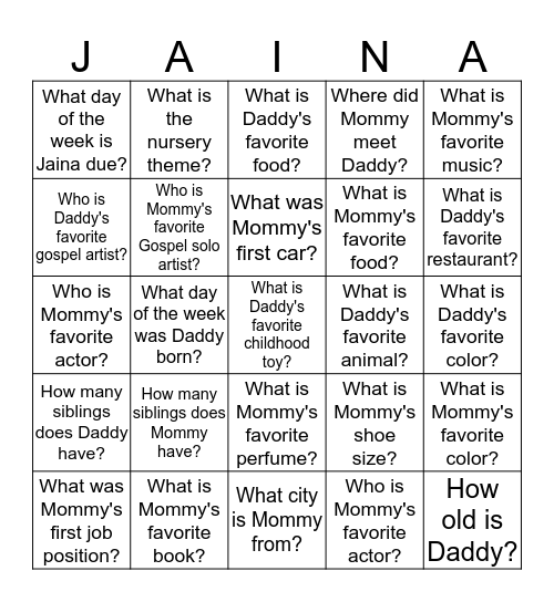 Jaina Bingo Card