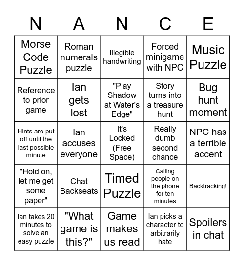 Nance Stream Bingo Card