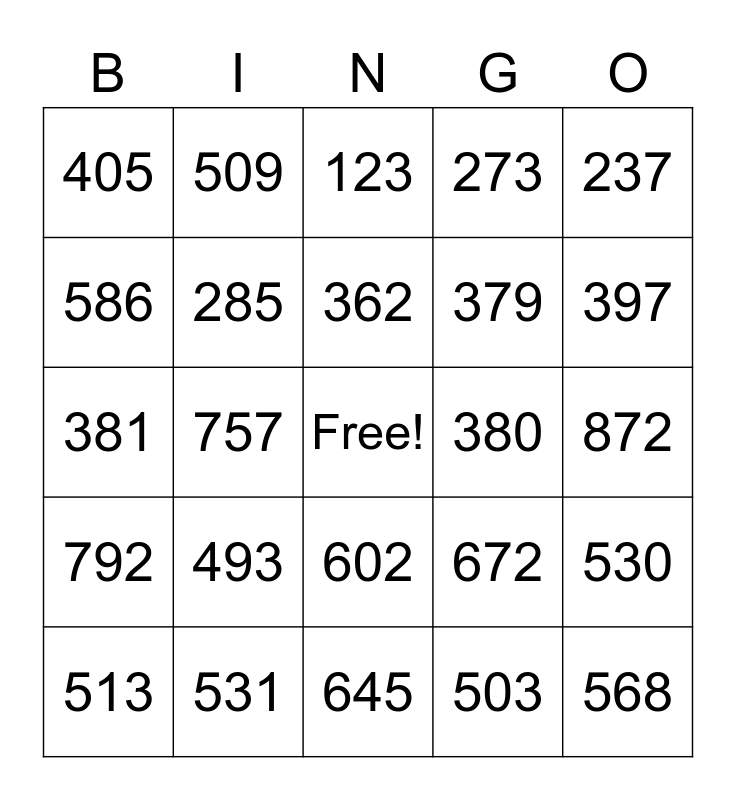 3 Digit Bingo Card