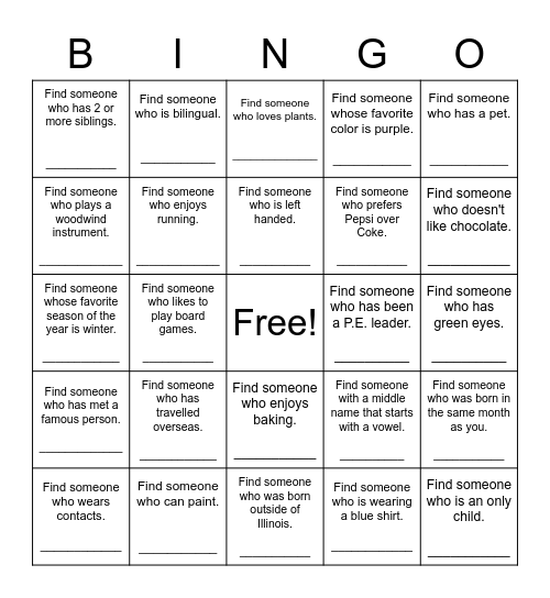 Find Someone Who Bingo Card