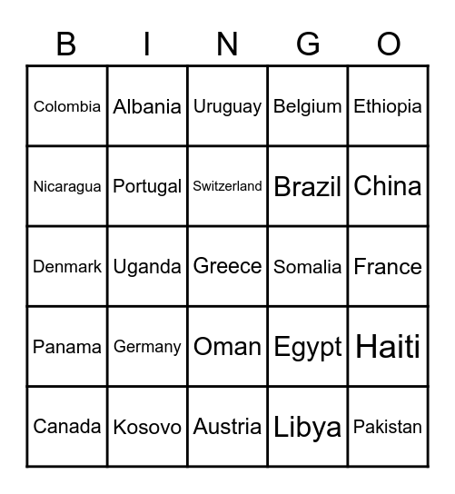 Countries Bingo Card