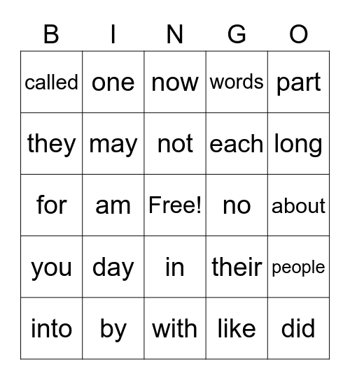 Fry Words first 100 Bingo Card