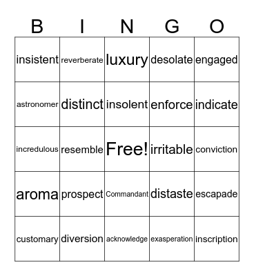 Vocabulary 1-7 Bingo Card