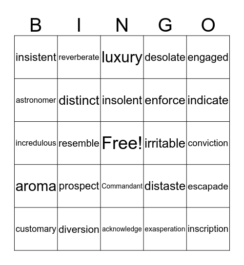 Vocabulary 1-7 Bingo Card