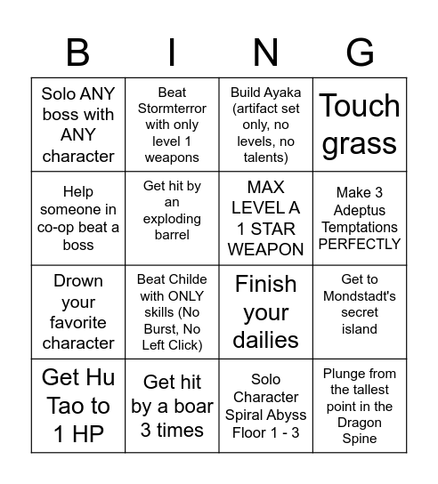 BING BOARD SPEEDRUN GENSHIN EDITION by akron Bingo Card