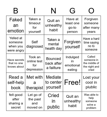 Mental Health Bingo Card