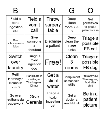 MedVet Thanksgiving Bingo Card