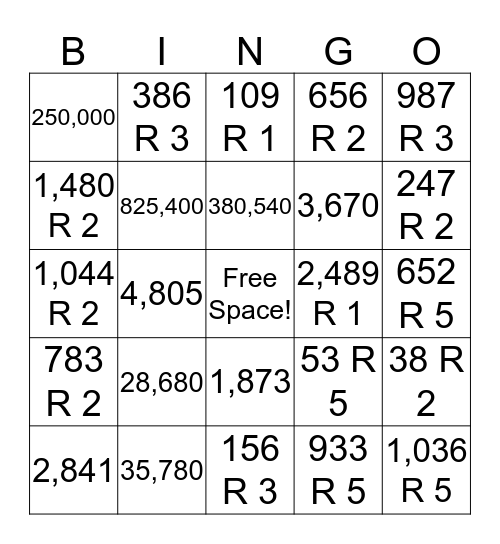 Division Bingo Card