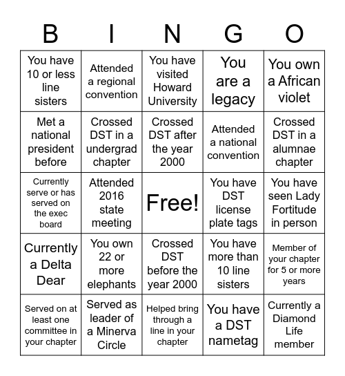 Delta Sigma Theta Bingo Card