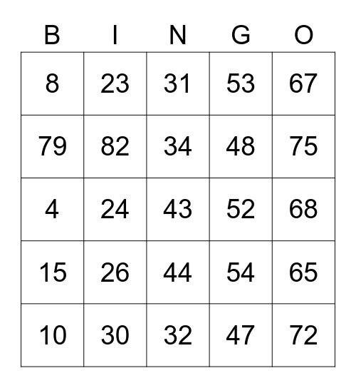 Number Bingo 1-90 Bingo Card