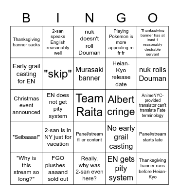 AnimeNYC FGO Panel Bingo Card