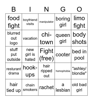 Bad Girls Club Bingo Card
