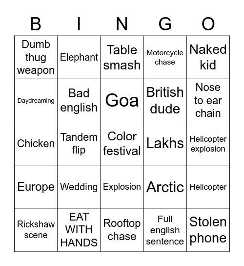 Bollywood Bongi Bingo Card