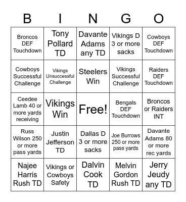 Raji Football Sunday Bingo Card