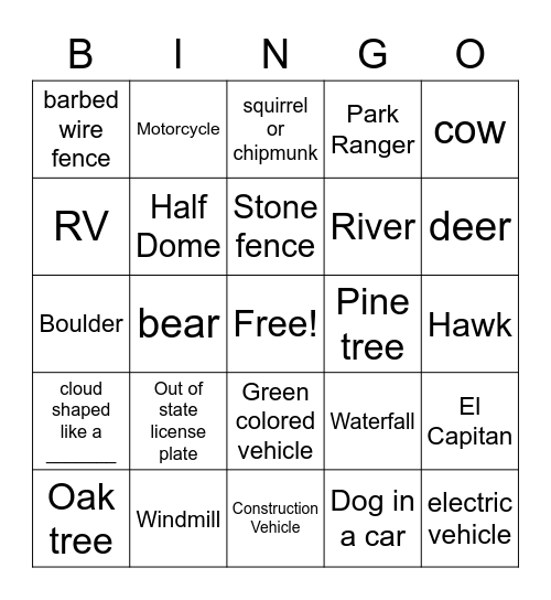 Yosemite Bingo Card