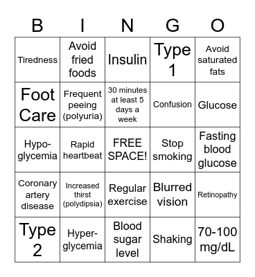 Type 2 Diabetes Mellitus Bingo Card