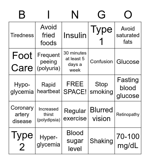 Type 2 Diabetes Mellitus Bingo Card