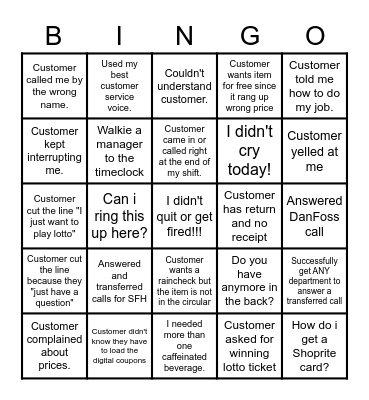 CUSTOMER SERVICE BINGO Card