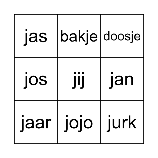 J woorden Bingo Card