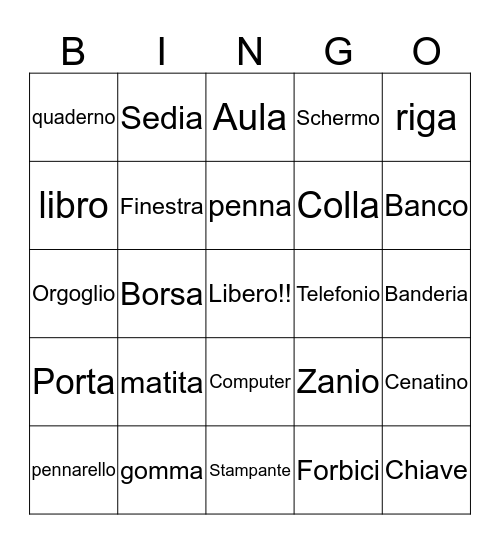 Classroom objects Bingo Card