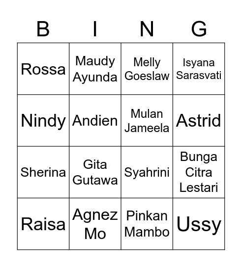 Singer Indonesia Bingo Card