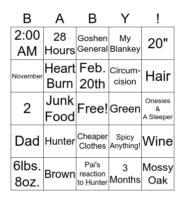 Hunter's Sprinkle Shower Bingo Card