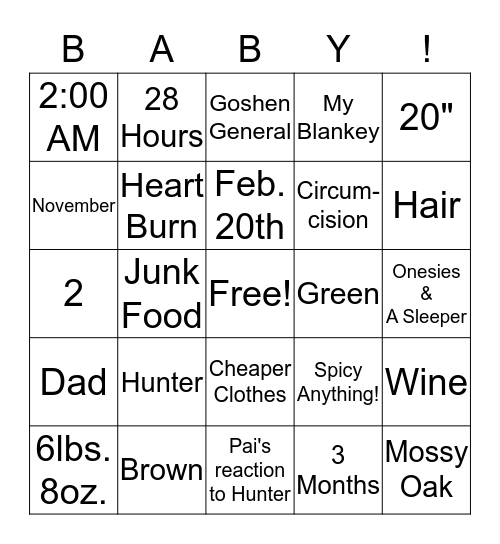 Hunter's Sprinkle Shower Bingo Card