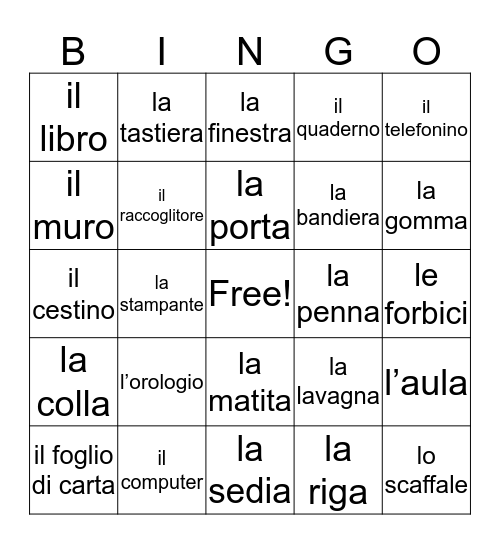 Aula Oggattetti Italiano Bingo Card