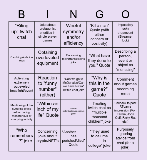 RTgame Stream Detective BINGO Card