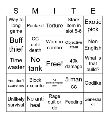 Smite fun Bingo Card
