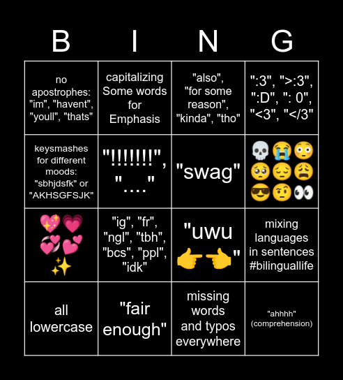how to talk like me Bingo Card