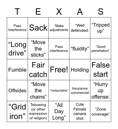 College Football Bingo Card