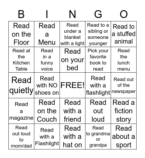 November/December - 15 minutes for each box Bingo Card