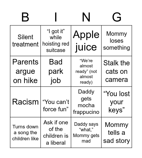 Vacation Bingo Card